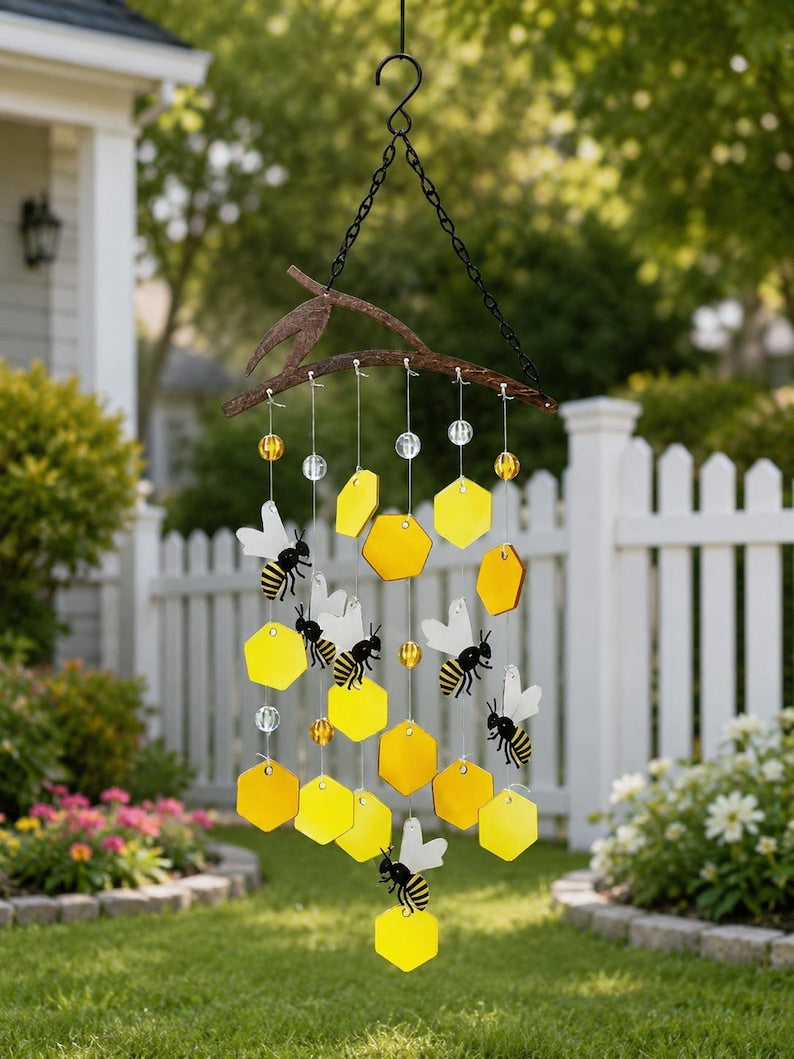 Carillon éolien en verre attrape-soleil nid d'abeille, décoration de jardin suspendue pour porche et terrasse, 7,87 x 23,6 pouces