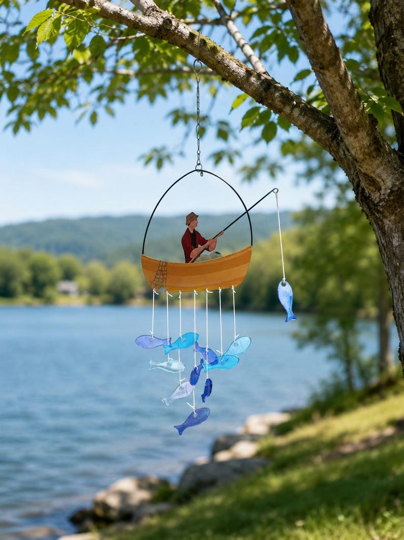 Carillon éolien en verre pour bateau de pêche, mobile poisson en vitrail, décoration nautique côtière suspendue, décoration de terrasse et jardin