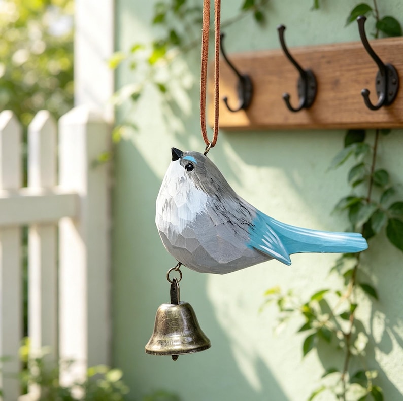Carillon à oiseau en bois sculpté à la main, cloche métallique suspendue, style rustique pour maison et jardin, 7-10 cm