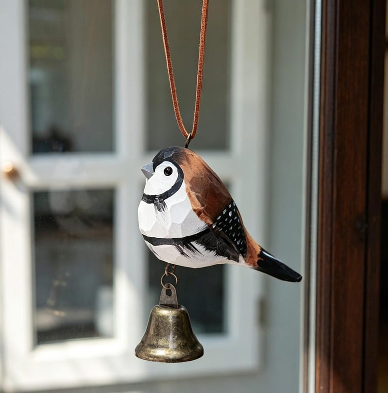 Carillon à oiseau en bois sculpté à la main, cloche métallique suspendue, style rustique pour maison et jardin, 7-10 cm