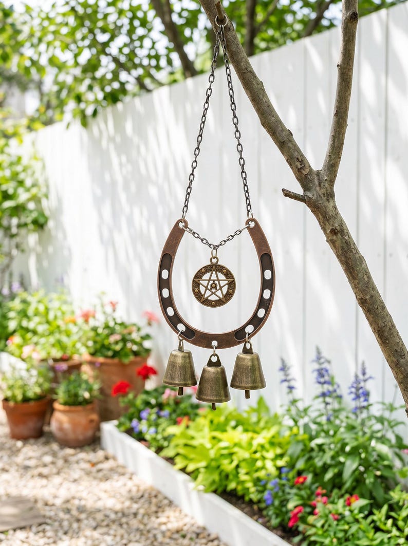 Carillon éolien en métal rustique en forme de fer à cheval et étoile porte-bonheur, décoration suspendue pour jardin, terrasse et porche