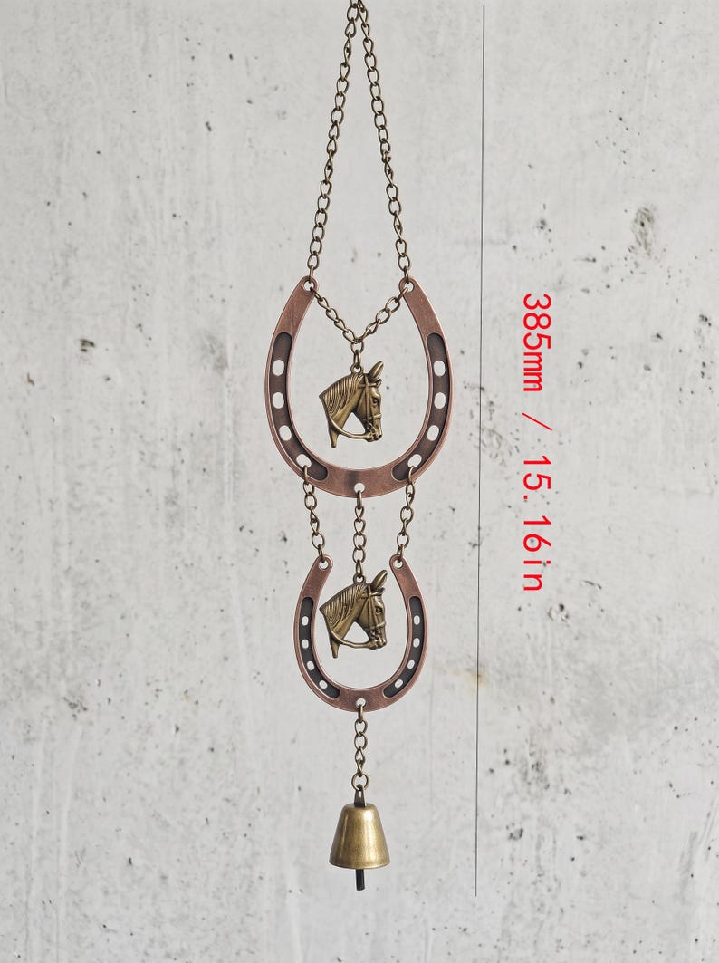 Carillon Éolien en Métal Forme Fer à Cheval et Tête de Cheval, Décoration Western pour Porche, Jardin, Patio, Ferme, Style Rustique Patiné Cuivre Bronze, Suspendu Extérieur