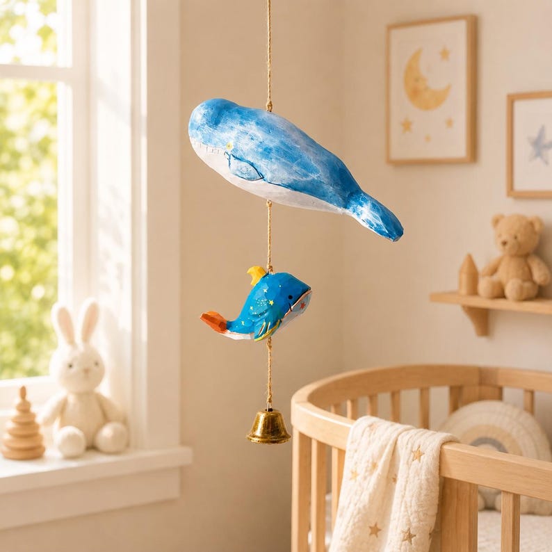 Carillon éolien baleine en bois sculpté à la main, cloche en laiton, décoration murale océan pour intérieur