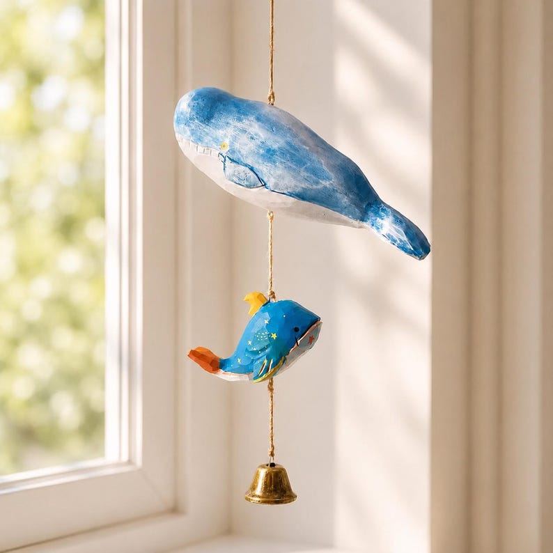 Carillon éolien baleine en bois sculpté à la main, cloche en laiton, décoration murale océan pour intérieur