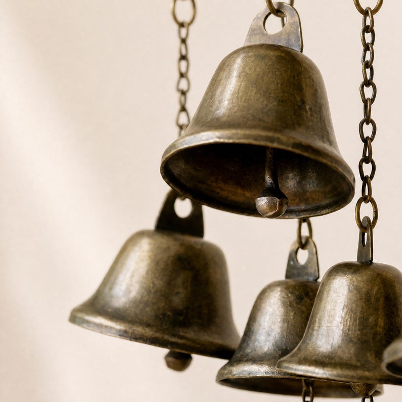 Carillon éolien vintage en cuivre, clochette décorative suspendue en métal, ornement de jardin rustique pour terrasse ou porche