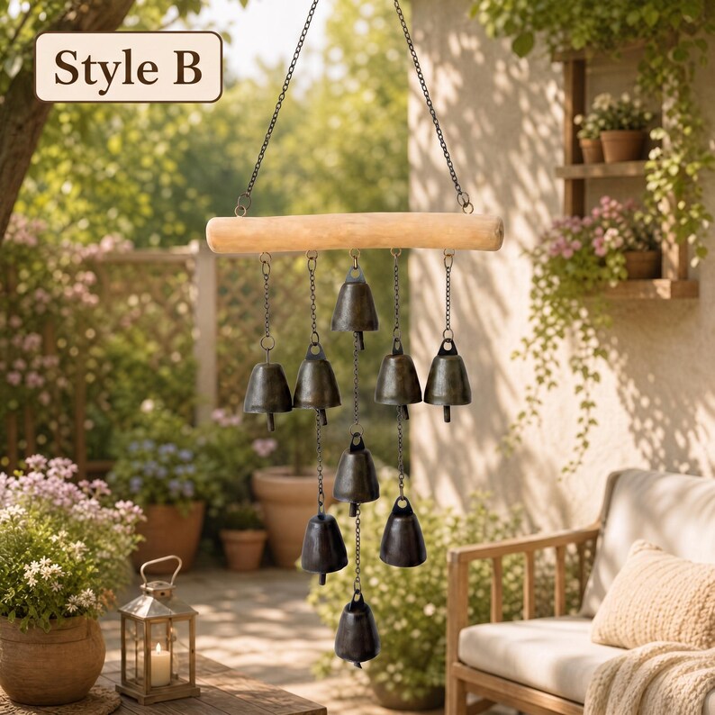 Carillon éolien vintage en cuivre, clochette décorative suspendue en métal, ornement de jardin rustique pour terrasse ou porche