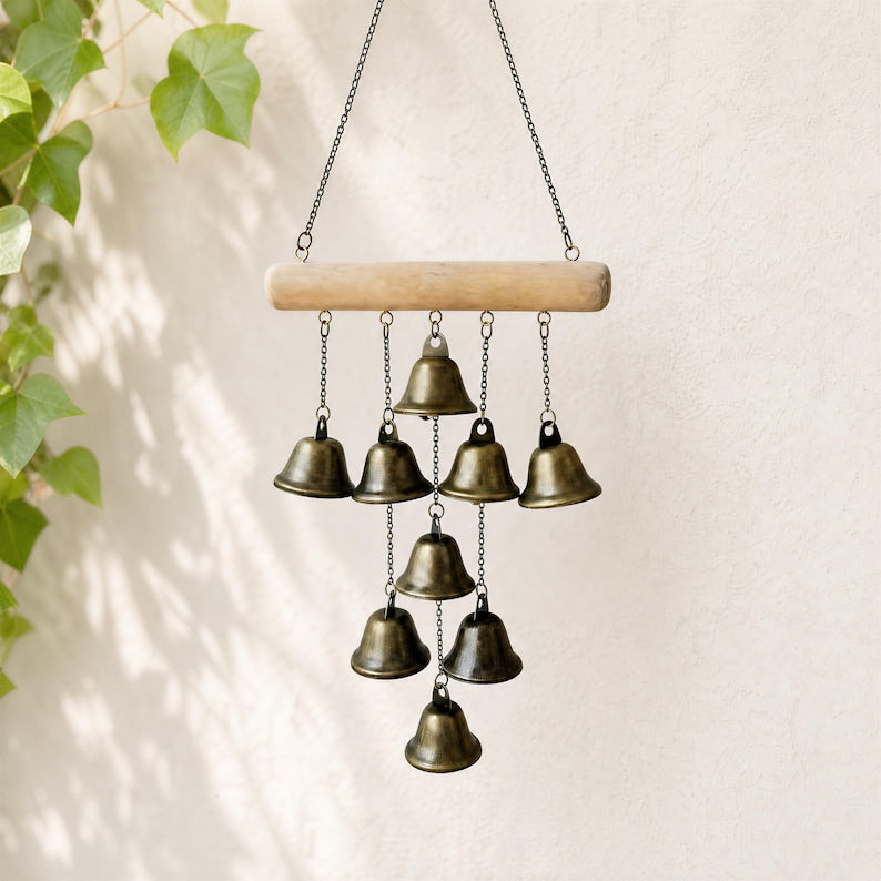 Carillon éolien vintage en cuivre, clochette décorative suspendue en métal, ornement de jardin rustique pour terrasse ou porche