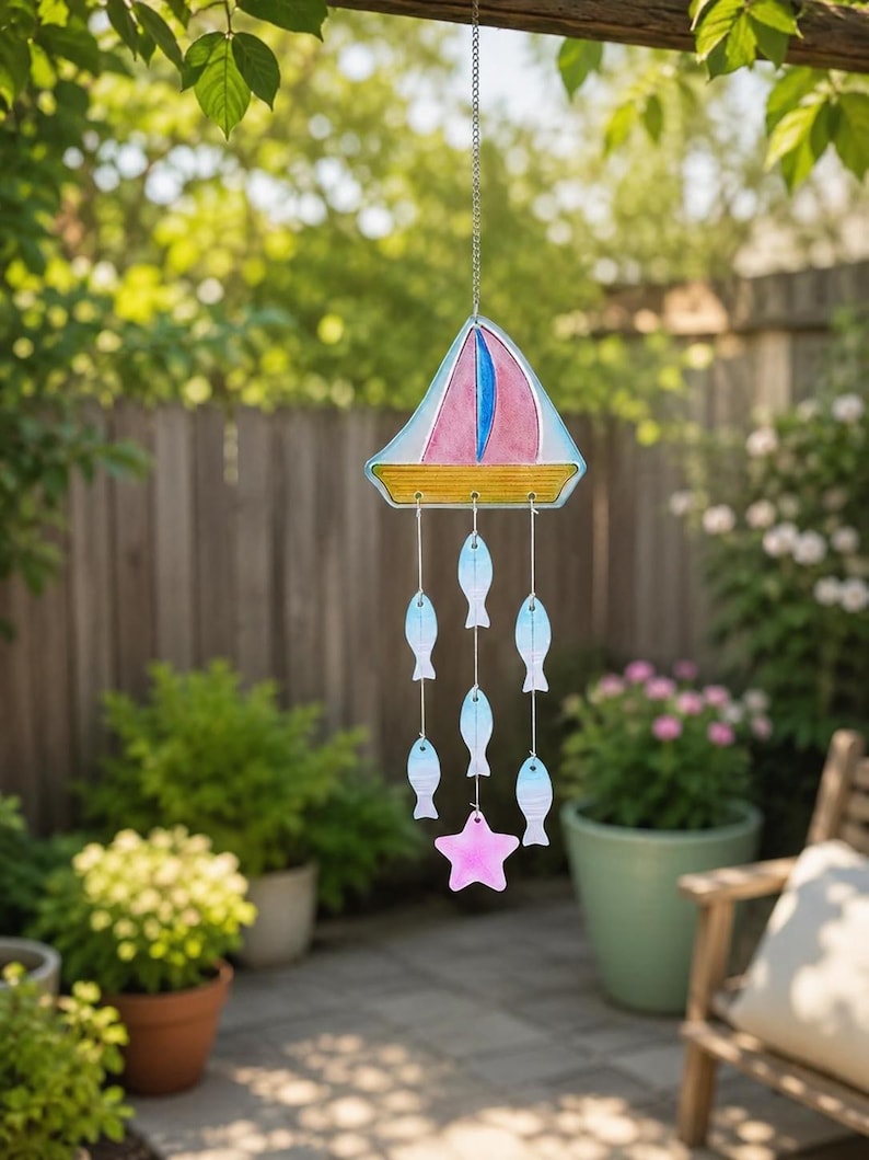 Carillon Éolien en Verre Forme Voilier et Attrape-Soleil Poisson, 62,5 cm, Décoration de Porche de Plage
