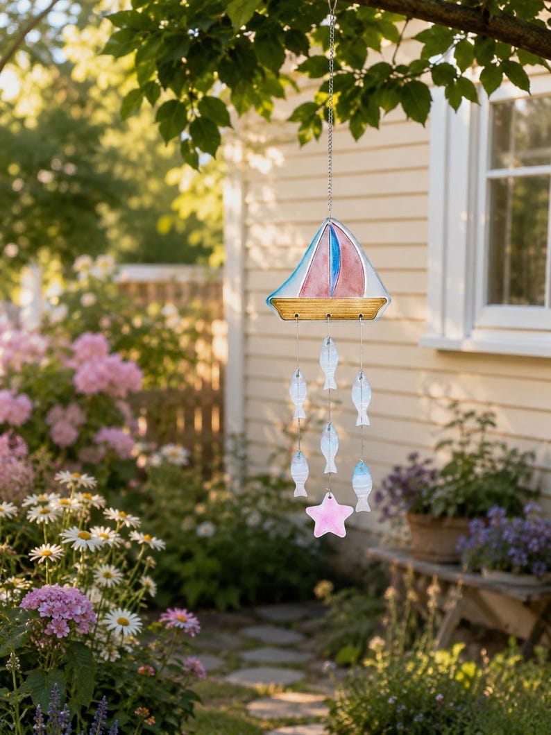 Carillon Éolien en Verre Forme Voilier et Attrape-Soleil Poisson, 62,5 cm, Décoration de Porche de Plage