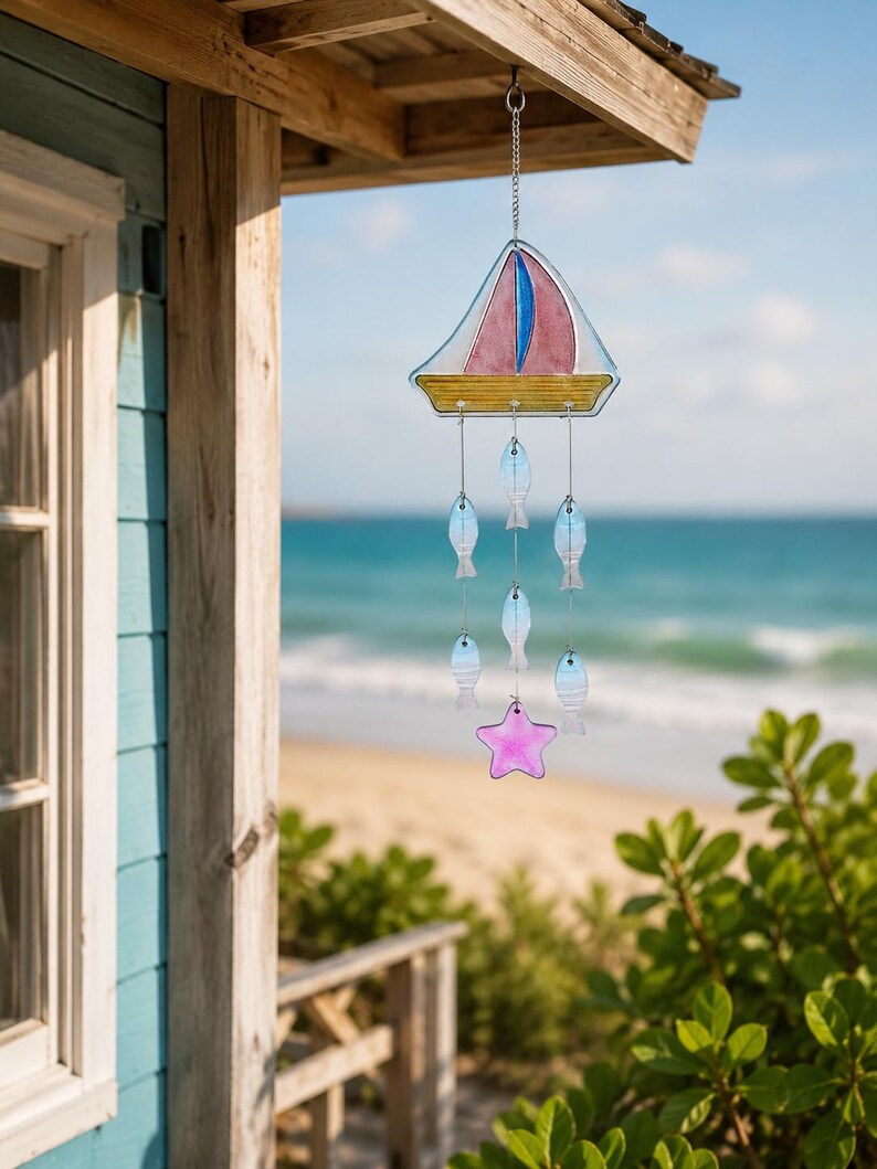Carillon Éolien en Verre Forme Voilier et Attrape-Soleil Poisson, 62,5 cm, Décoration de Porche de Plage