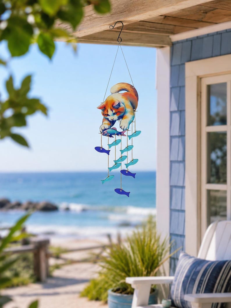 Carillon éolien en verre forme de chat, attrape-soleil orange avec poisson, décoration suspendue pour jardin ou porche, 19 cm x 65 cm