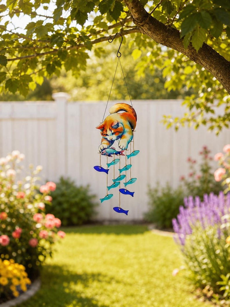Carillon éolien en verre forme de chat, attrape-soleil orange avec poisson, décoration suspendue pour jardin ou porche, 19 cm x 65 cm