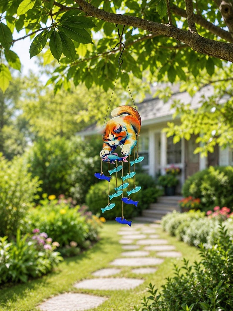 Carillon éolien en verre forme de chat, attrape-soleil orange avec poisson, décoration suspendue pour jardin ou porche, 19 cm x 65 cm