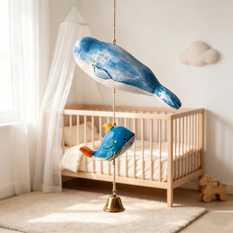 Carillon éolien baleine en bois sculpté à la main, cloche en laiton, décoration murale océan pour intérieur