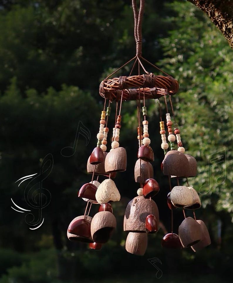 Carillon éolien en coquille de noix de coco naturelle, décoration suspendue bohème rustique pour jardin, balcon et intérieur