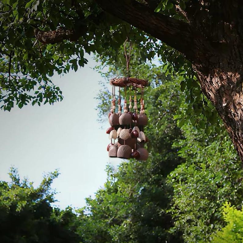 Carillon éolien en coquille de noix de coco naturelle, décoration suspendue bohème rustique pour jardin, balcon et intérieur