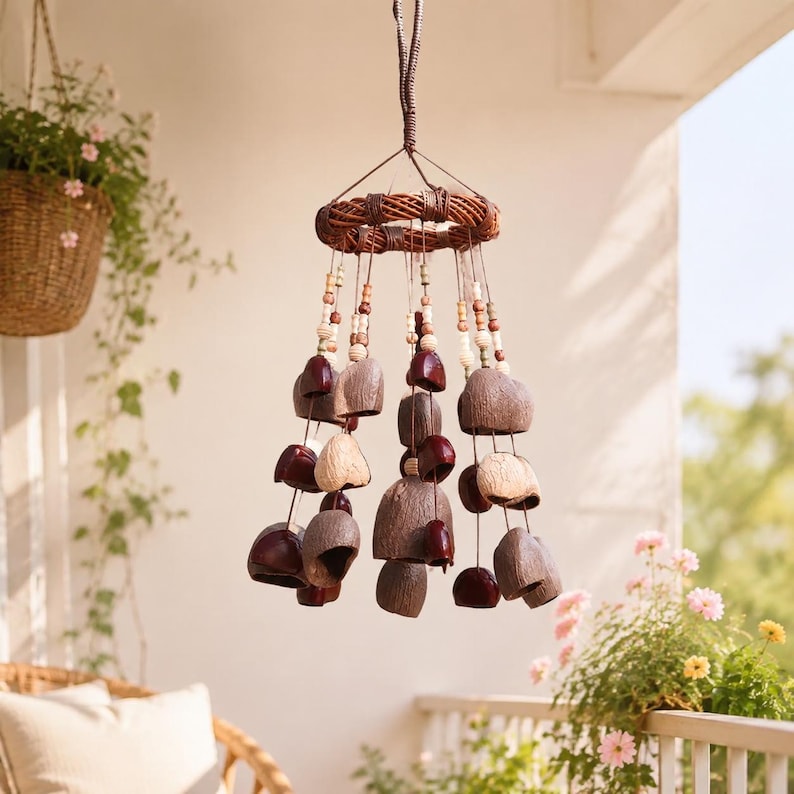 Carillon éolien en coquille de noix de coco naturelle, décoration suspendue bohème rustique pour jardin, balcon et intérieur