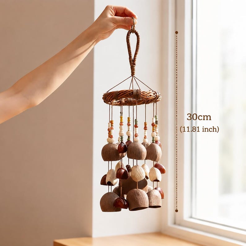 Carillon éolien en coquille de noix de coco naturelle, décoration suspendue bohème rustique pour jardin, balcon et intérieur