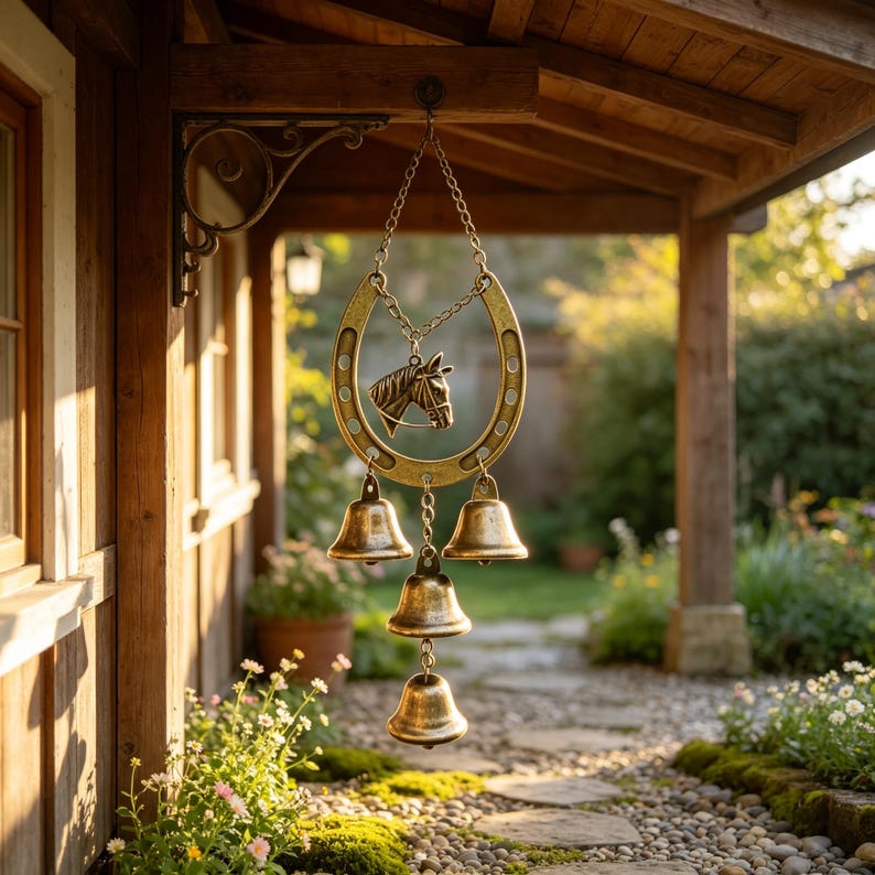Carillon éolien en métal forme fer à cheval, 4 cloches laiton, pendentif animal, 37 cm, bronze antique