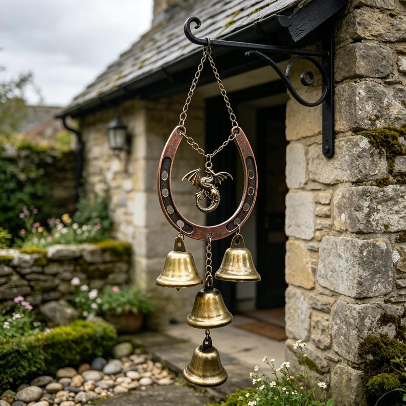 Carillon éolien en métal forme fer à cheval, 4 cloches laiton, pendentif animal, 37 cm, bronze antique