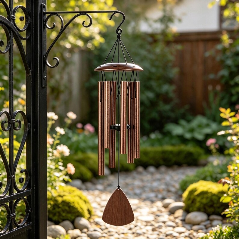 Carillon éolien en aluminium 81 cm, régulateur de tonalité, cordons en nylon, finition bronze résistante aux intempéries, décoration suspendue pour jardin et terrasse
