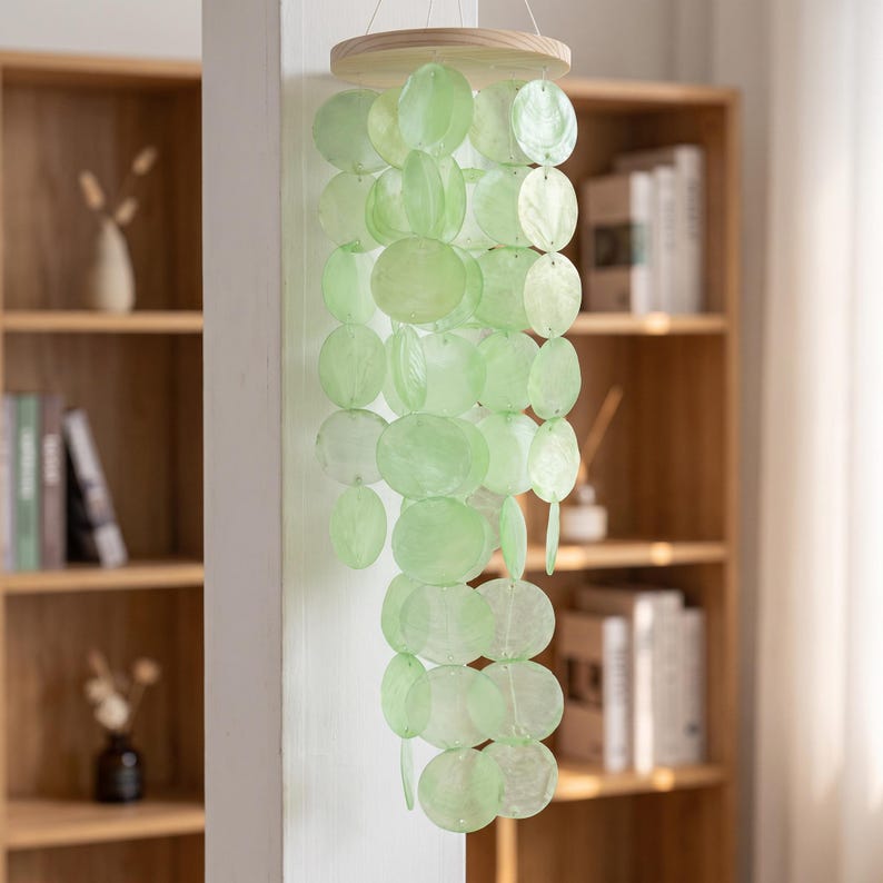 Carillon éolien en coquillages miroirs Capiz, 45 cm, décoration suspendue style bord de mer pour terrasse et maison de plage