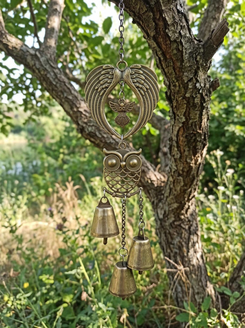 Carillon à vent hibou en métal bronze antique avec ailes d'ange, clochettes rustiques et crochet de suspension pour jardin, terrasse et balcon