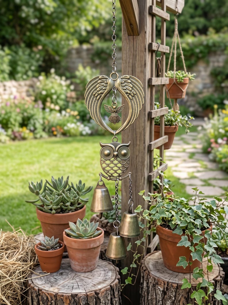 Carillon à vent hibou en métal bronze antique avec ailes d'ange, clochettes rustiques et crochet de suspension pour jardin, terrasse et balcon