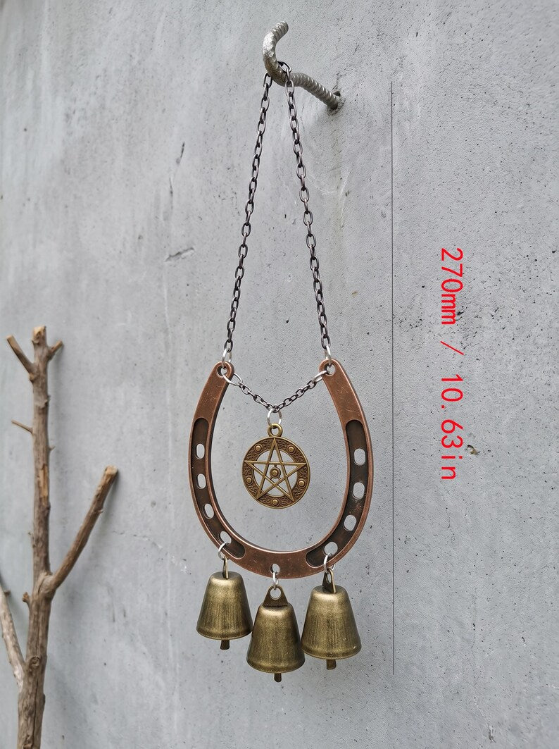 Carillon éolien en métal rustique en forme de fer à cheval et étoile porte-bonheur, décoration suspendue pour jardin, terrasse et porche