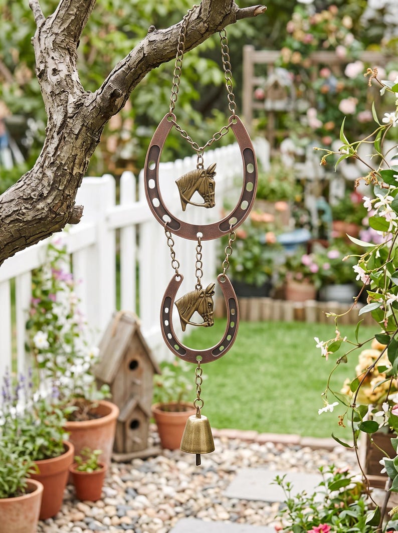 Carillon Éolien en Métal Forme Fer à Cheval et Tête de Cheval, Décoration Western pour Porche, Jardin, Patio, Ferme, Style Rustique Patiné Cuivre Bronze, Suspendu Extérieur