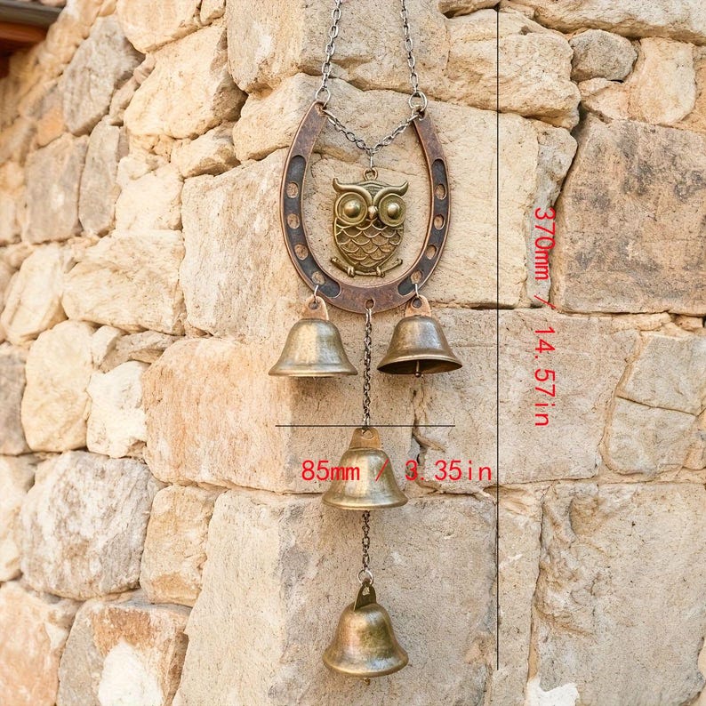 Carillon à vent hibou en fer à cheval, carillon décoratif rustique en métal, ornement suspendu pour jardin, porche et patio, finition bronze et laiton vieilli