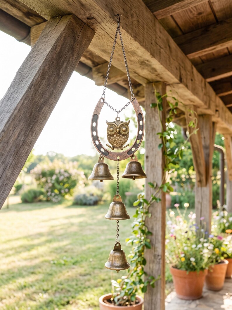 Carillon à vent hibou en fer à cheval, carillon décoratif rustique en métal, ornement suspendu pour jardin, porche et patio, finition bronze et laiton vieilli