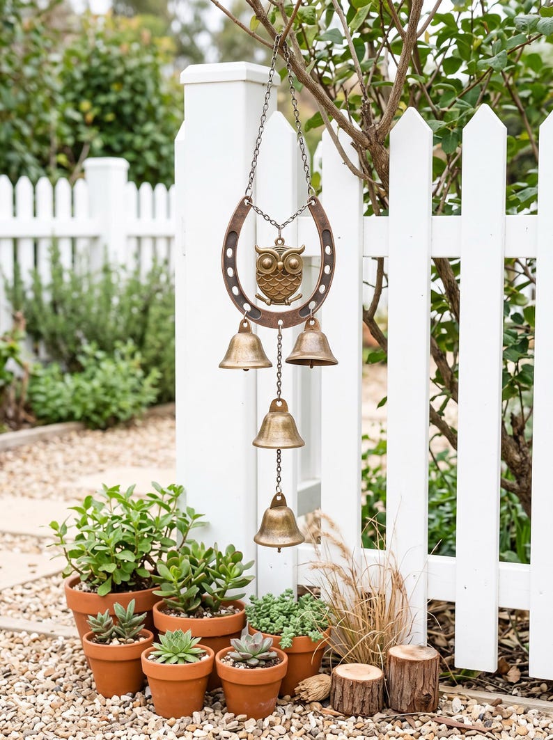 Carillon à vent hibou en fer à cheval, carillon décoratif rustique en métal, ornement suspendu pour jardin, porche et patio, finition bronze et laiton vieilli