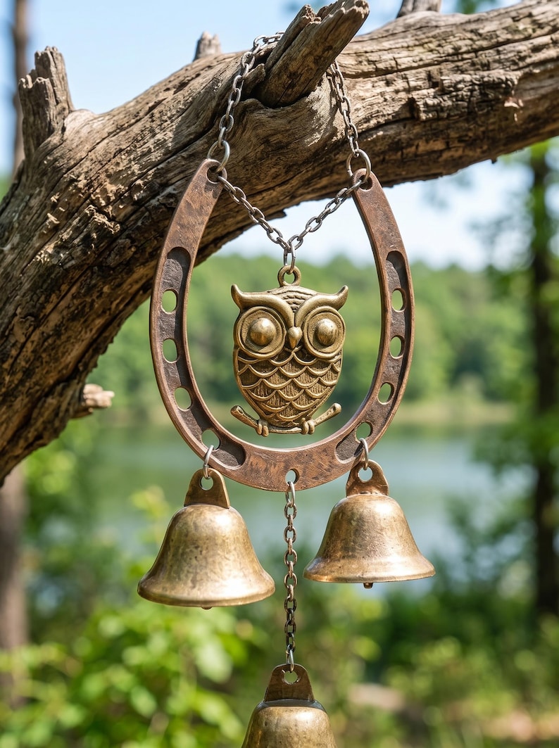 Carillon à vent hibou en fer à cheval, carillon décoratif rustique en métal, ornement suspendu pour jardin, porche et patio, finition bronze et laiton vieilli
