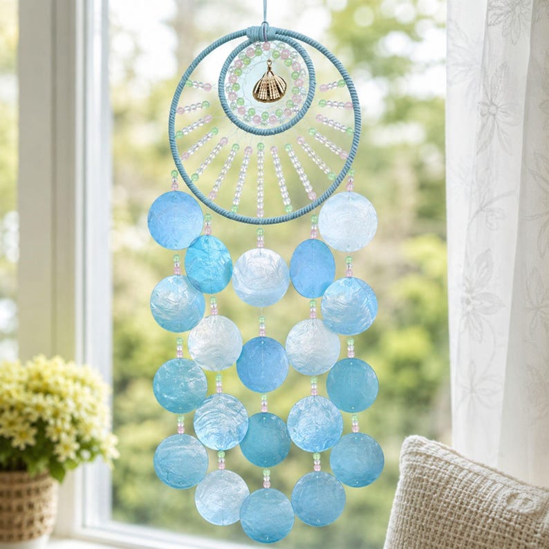 Attrape-rêves bleu avec carillon en coquillages, décoration murale bord de mer, 62 cm, style bohème pour chambre et salon
