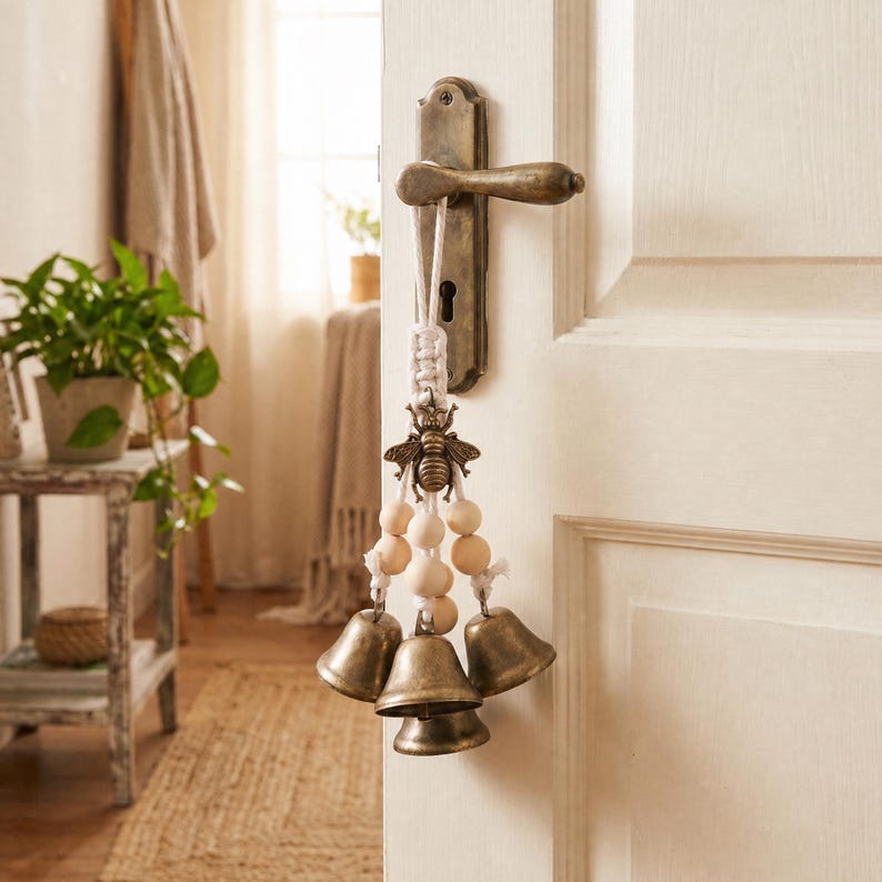 Clochettes de sorcière à suspendre pour porte, style rustique bohème, décoration murale pour entrée, cuivre et corde en coton