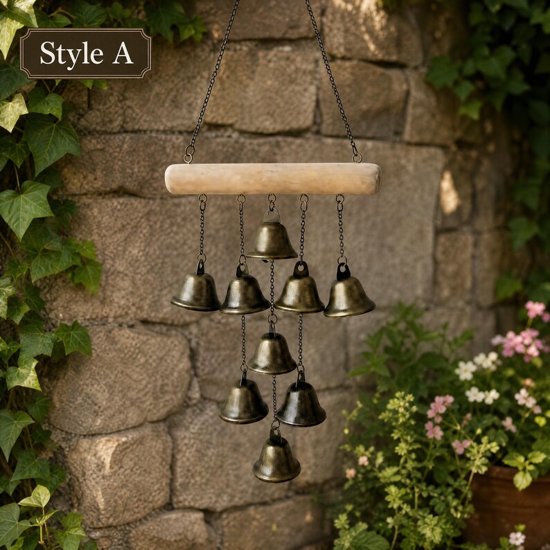 Carillon éolien vintage en cuivre, clochette décorative suspendue en métal, ornement de jardin rustique pour terrasse ou porche