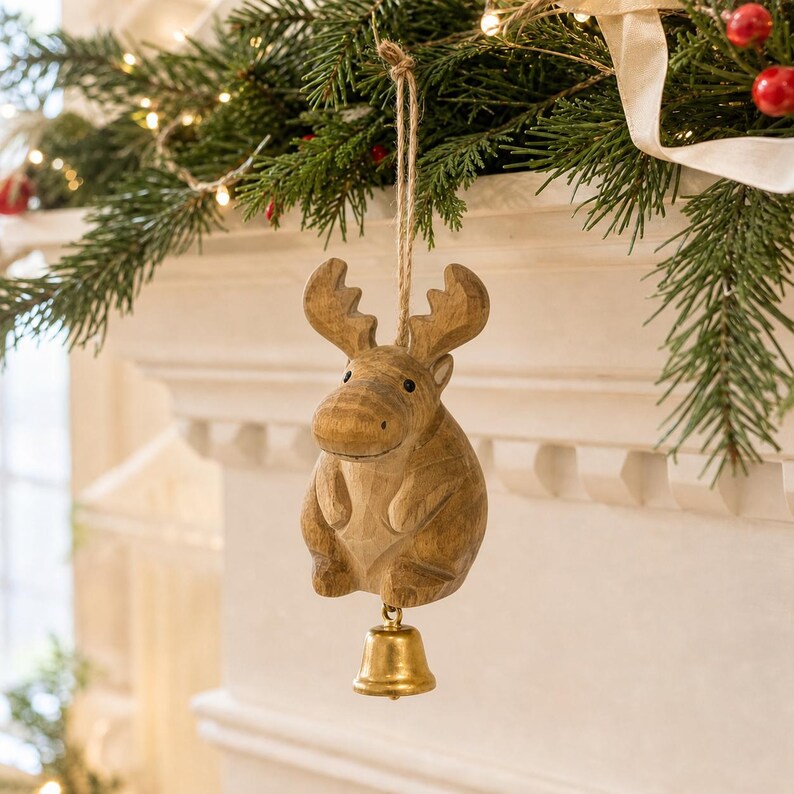Ornement de Noël en bois sculpté à la main, figurine orignal avec clochette en métal, suspension décorative rustique