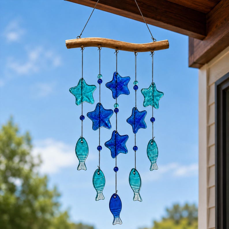 Carillon éolien suspendu en verre bleu motif étoile de mer et poisson, décoration murale côtière pour maison de plage
