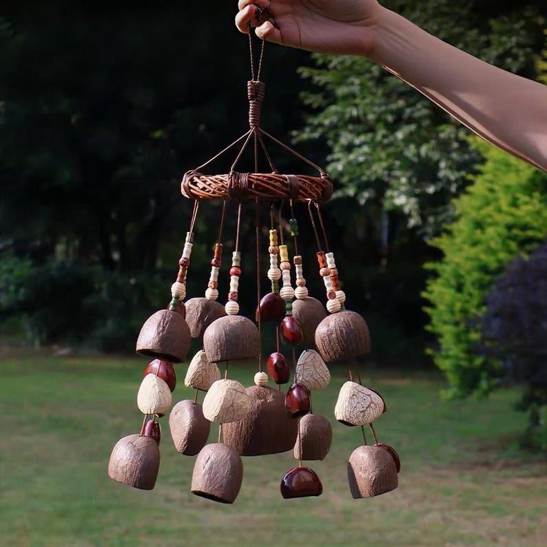 Carillon éolien en coquille de noix de coco naturelle, décoration suspendue bohème rustique pour jardin, balcon et intérieur