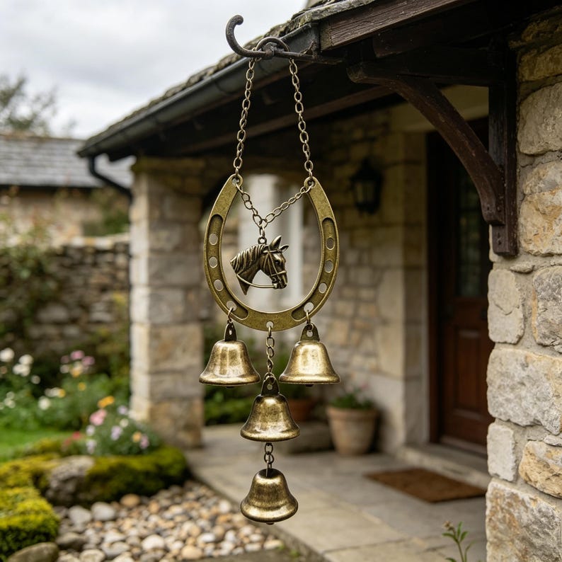 Carillon éolien en métal forme fer à cheval, 4 cloches laiton, pendentif animal, 37 cm, bronze antique