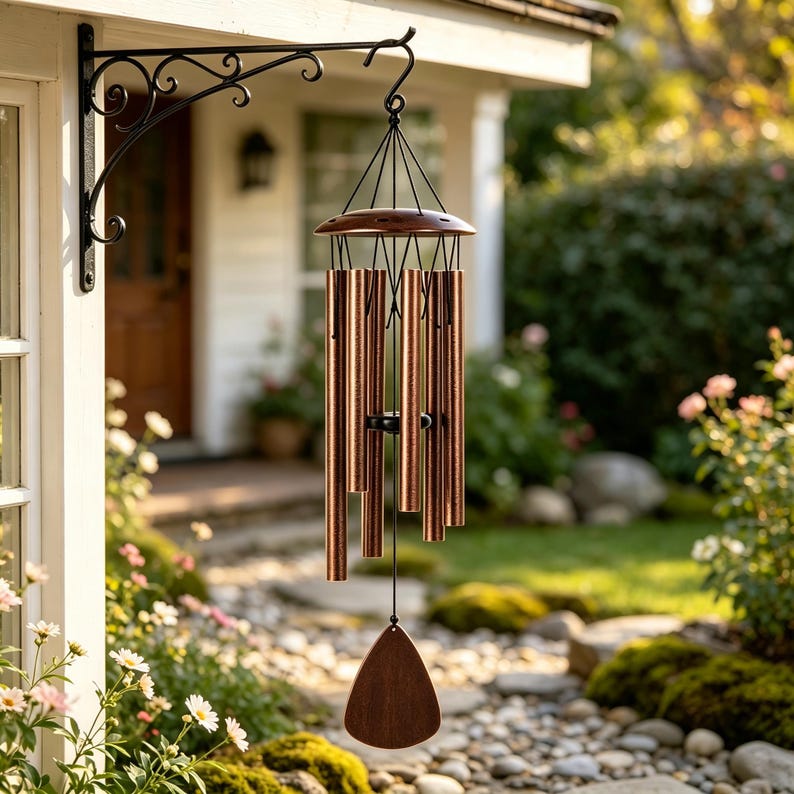 Carillon éolien en aluminium 81 cm, régulateur de tonalité, cordons en nylon, finition bronze résistante aux intempéries, décoration suspendue pour jardin et terrasse