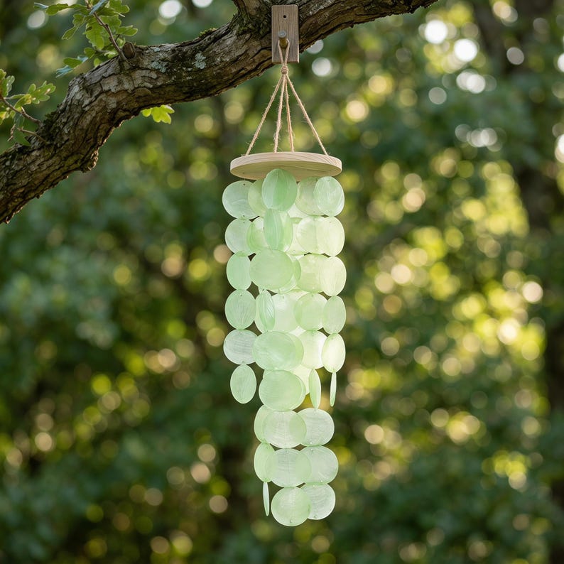 Carillon Éolien en Coquillage avec Miroir, Décoration Suspendue Style Bord de Mer, H 45 cm x L 12 cm, pour Maison de Plage, Terrasse, Véranda, Fenêtre, Jardin