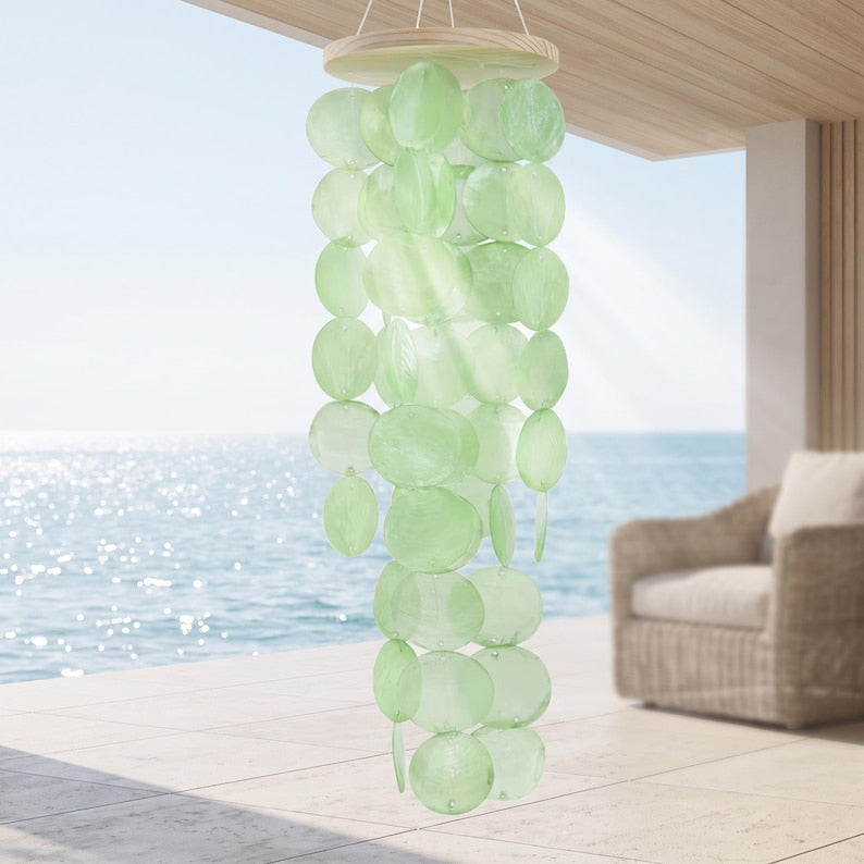 Carillon éolien en coquillages miroirs Capiz, 45 cm, décoration suspendue style bord de mer pour terrasse et maison de plage