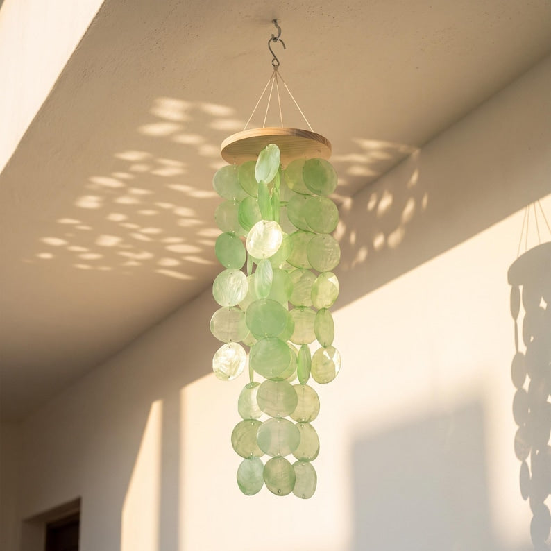 Carillon éolien en coquillages miroirs Capiz, 45 cm, décoration suspendue style bord de mer pour terrasse et maison de plage