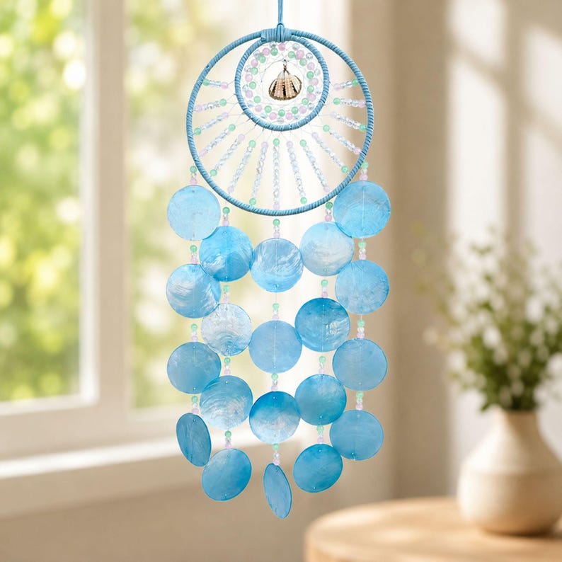 Attrape-rêves bleu avec carillon en coquillages, décoration murale bord de mer, 62 cm, style bohème pour chambre et salon