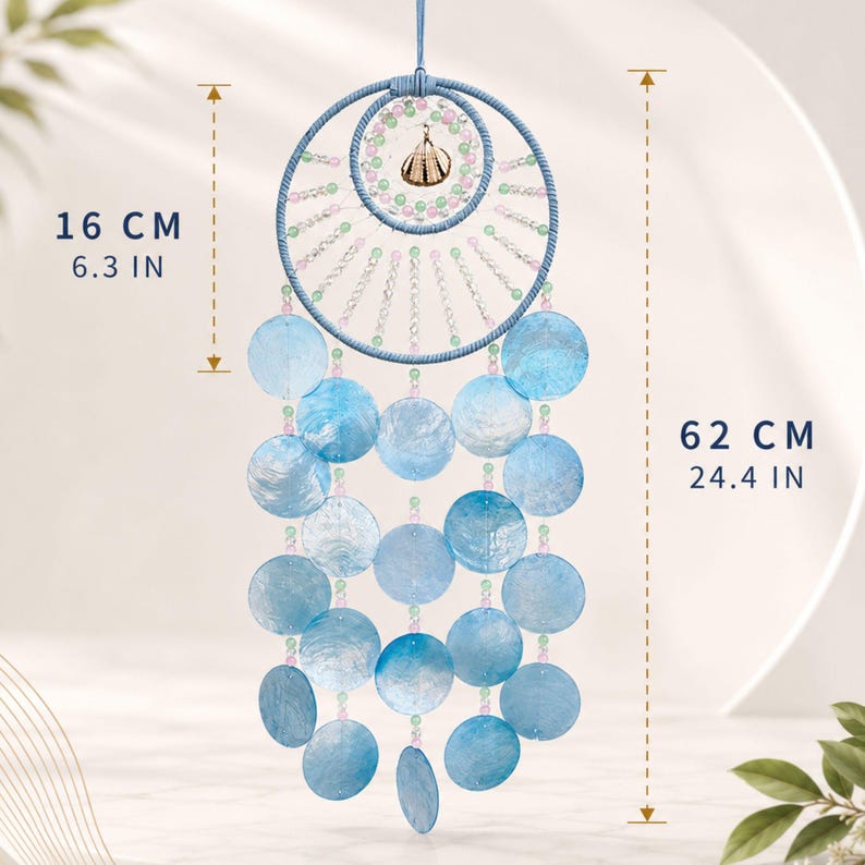 Attrape-rêves bleu avec carillon en coquillages, décoration murale bord de mer, 62 cm, style bohème pour chambre et salon