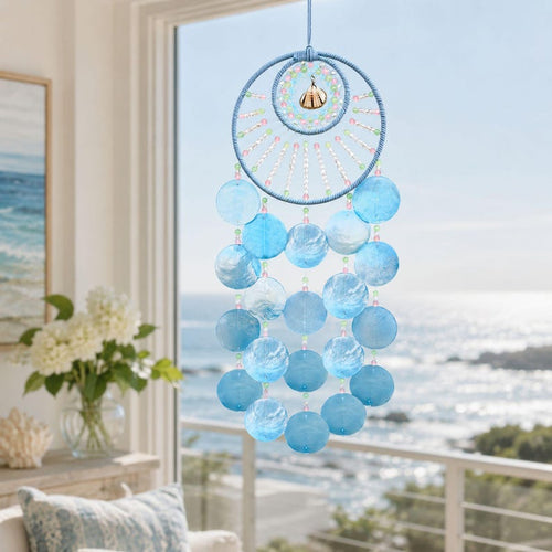 Attrape-rêves bleu avec carillon en coquillages, décoration murale bord de mer, 62 cm, style bohème pour chambre et salon