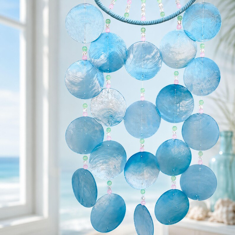 Attrape-rêves bleu avec carillon en coquillages, décoration murale bord de mer, 62 cm, style bohème pour chambre et salon