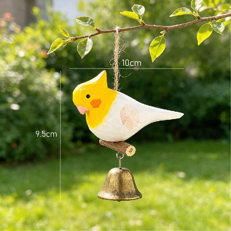 Carillon éolien en bois sculpté à la main avec perruche et clochette en laiton, hauteur 4 cm